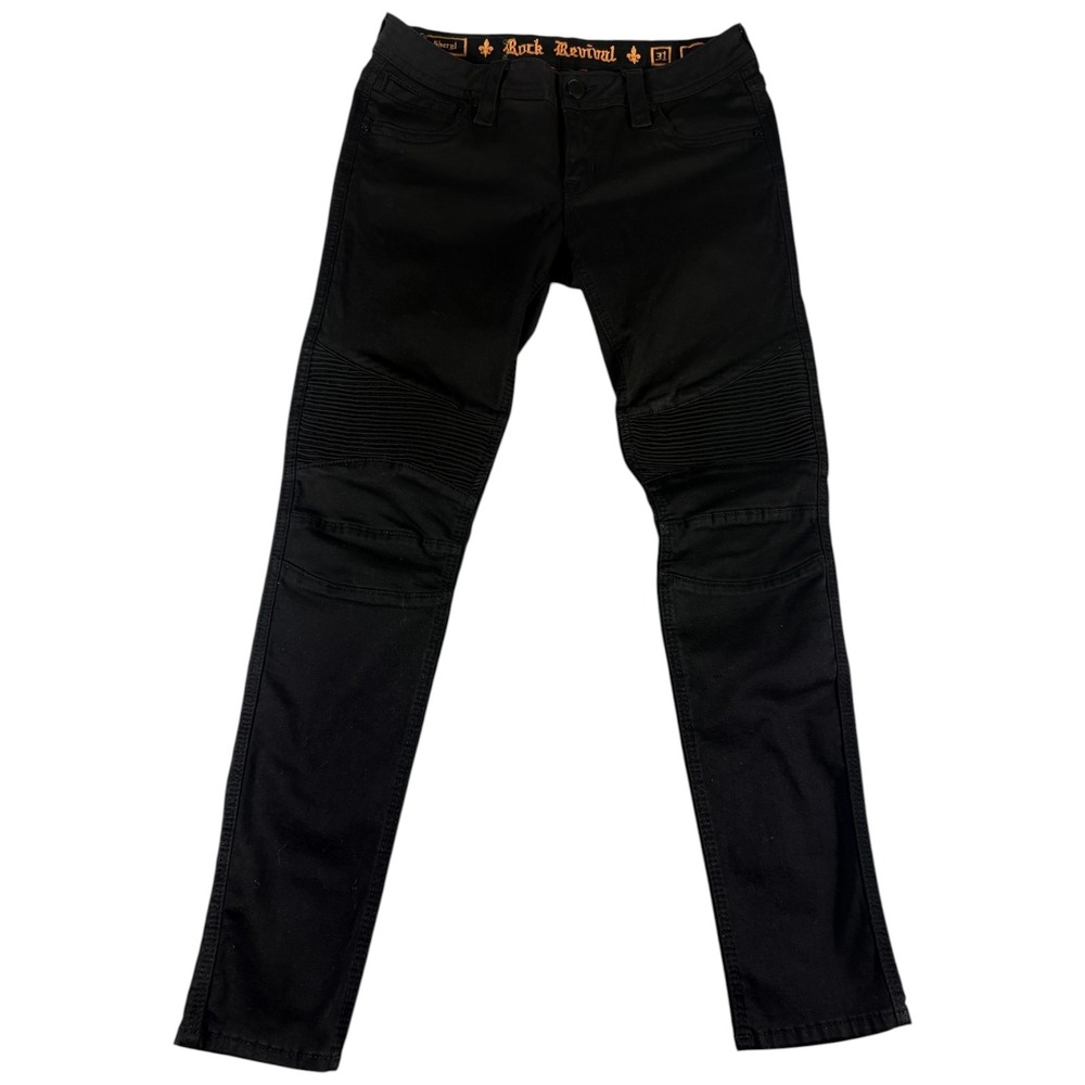 Rock Revival Sheryl Moto Jeans Womens Size 31 Black Stretch Mid Rise Skinny Leg